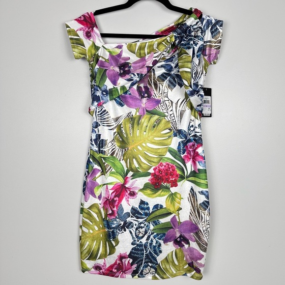 NWT Guess Malori Twisted Strap Tropical Print Bodycon Dress Size 6 Island Fancy - Picture 5 of 13